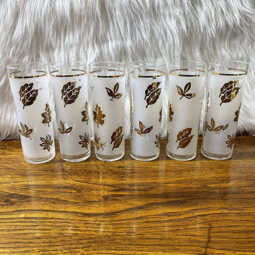 6 Anchor‎ Hocking Gold Leaf Tom Collins Frosted Glasses Glassware Tumblers 12oz